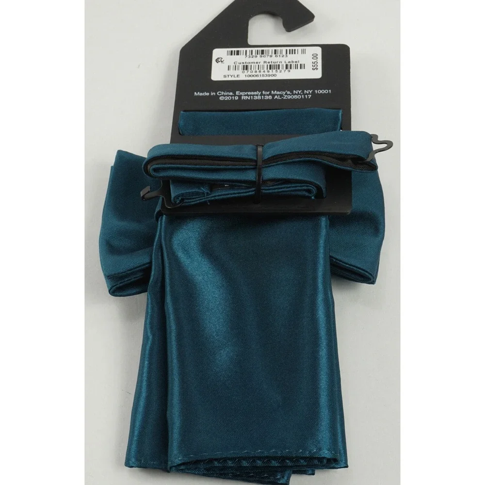New 55$ Alfani Bow Tie‎ & Pocket Square Set Mens Blue Woven Sharkskin One Size